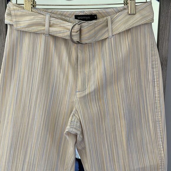 Womyn‎ Cropped Striped Pants with belt buckles. Size 6 Yellow/gray tones. - Picture 1 of 7